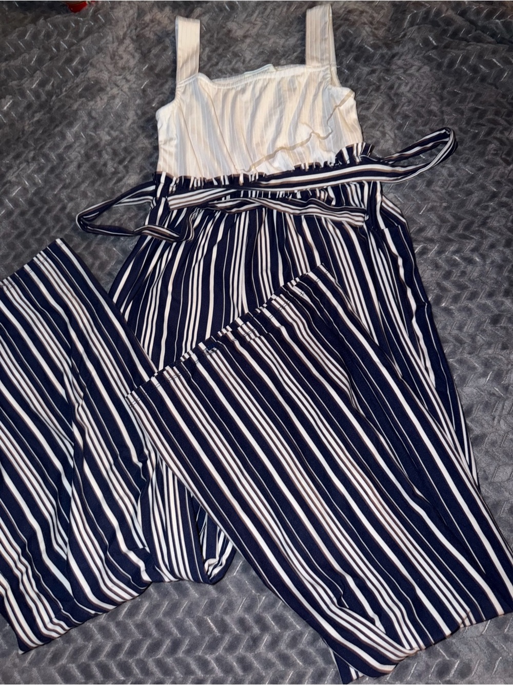 Striped Navy & White Jumpsuit with Ruffle Bodice